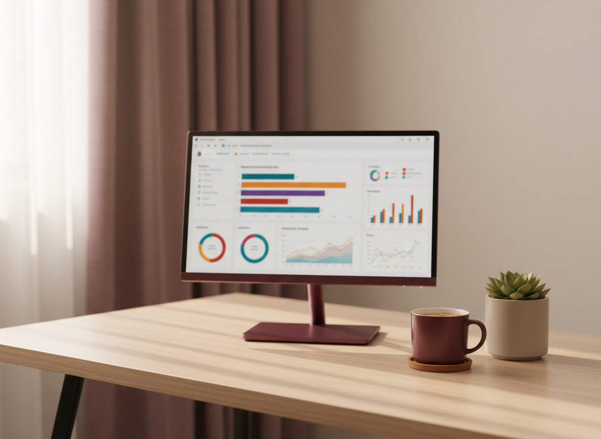 A refined home-office mentoring corner featuring a slim burgundy-framed monitor displaying an abstract, out-of-focus dashboard of business metrics, positioned on a light beige wooden desk. Beside it sits a matching burgundy ceramic mug on a cork coaster and a small potted plant in a matte beige pot, adding organic softness. The background shows a softly blurred burgundy accent curtain and neutral wall. Gentle morning window light washes across the scene, creating a calm gradient of illumination and subtle shadows. Photographic realism, composed with the rule of thirds and moderate depth of field, conveys a serene yet focused environment for reflective strategic thinking and one-on-one mentoring work.