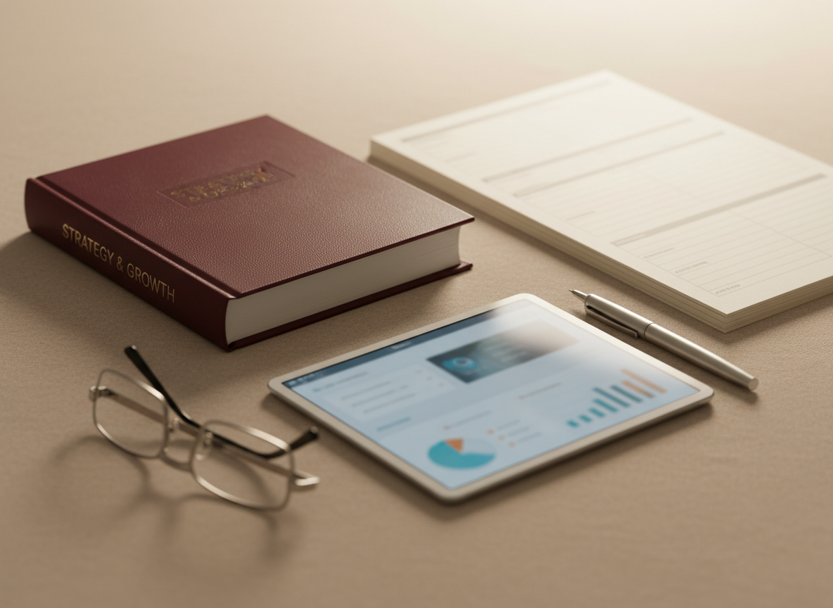 A close-up of a sophisticated business mentoring toolkit laid out on a beige fabric surface: a thick burgundy hardcover strategy book with textured cover, a stack of cream-colored worksheets neatly aligned, a slim tablet displaying a blurred dashboard interface, and a pair of metallic reading glasses folded beside a precision pen. Gentle warm overhead lighting creates delicate reflections on the tablet screen and glasses, with soft shadows grounding each item. Photographic realism with a slightly elevated angle and shallow depth of field centers attention on the toolkit, while the background fades into creamy blur. The mood is methodical, supportive, and highly professional, suggesting structured guidance and premium resources.