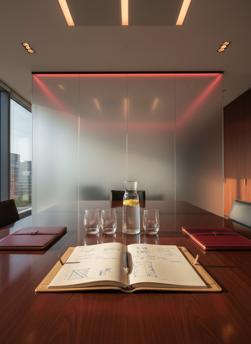 A polished conference table in deep walnut, styled for an elite mentoring session, without any people present. At the center sits an open beige portfolio with visible lined pages and subtle strategy sketches, flanked by two matching burgundy folders and a sleek glass carafe of water with matching glasses. In the background, a frosted glass wall hints at a modern office, softly tinted by burgundy accent lighting. Natural afternoon light from tall windows mixes with warm overhead fixtures, creating a balanced, inviting glow. Photographic realism, wide-angle, eye-level composition with crisp focus across the frame, evoking trust, discretion, and a high-value business environment.
