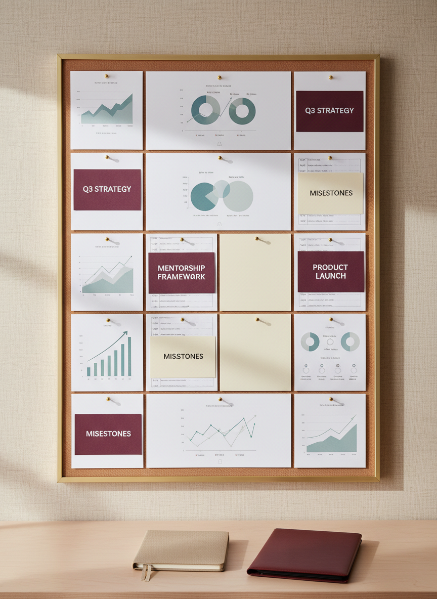 A large, elegant cork vision board mounted on a beige textured wall, filled with neatly pinned business diagrams, printed growth charts, and minimalist index cards in burgundy and cream tones. Thin gold pushpins hold structured plans and timelines in a grid-like order. Below the board, a tidy desk edge is visible with a closed beige planner and a slim burgundy folder. Soft studio lighting from the left casts subtle shadows and creates depth, emphasizing organization and purpose. Shot straight-on with sharp focus throughout, photographic realism, this composition evokes strategic planning, clarity of goals, and a high-level mentoring process in a calm, focused atmosphere.