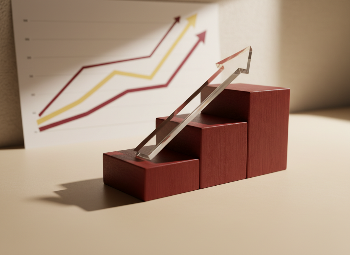 A minimalist desk scene representing business growth: three ascending burgundy wooden blocks arranged as a staircase on a smooth beige surface, with a transparent acrylic arrow resting across them, pointing upward. Behind, a softly blurred printed chart with rising lines in burgundy and gold leans against a neutral wall. Directional side lighting from the right creates long, elegant shadows of the blocks and arrow, emphasizing upward movement and progress. Photographic realism with a low-angle, close-up perspective and shallow depth of field gives the composition a bold, conceptual feel. The atmosphere is optimistic, strategic, and results-oriented, ideal for illustrating the outcomes of effective business mentoring.